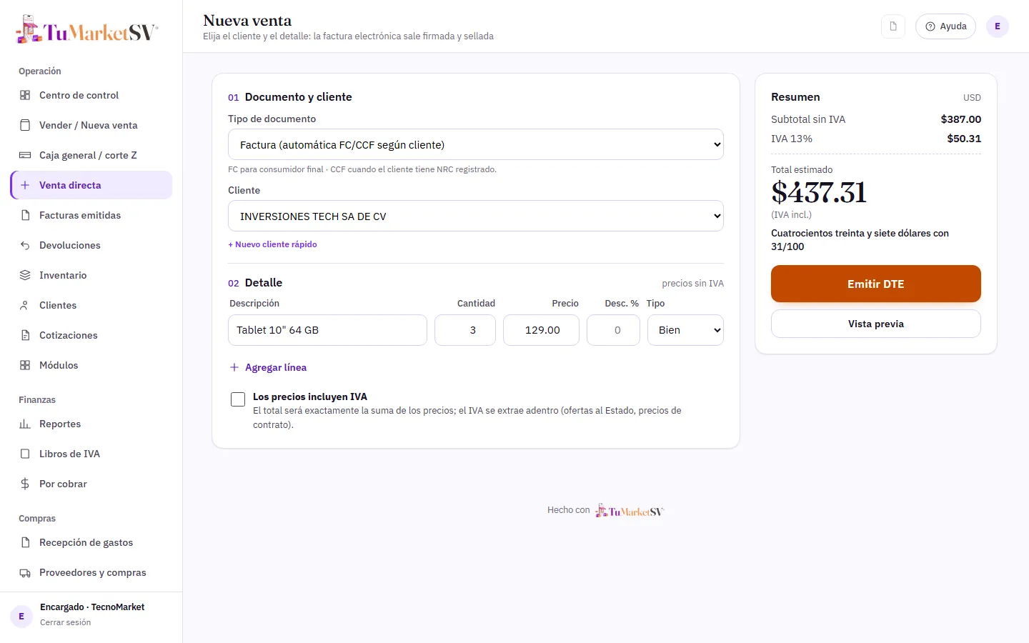 Pantalla de nueva venta con cliente empresa, detalle de producto, IVA y total estimado
