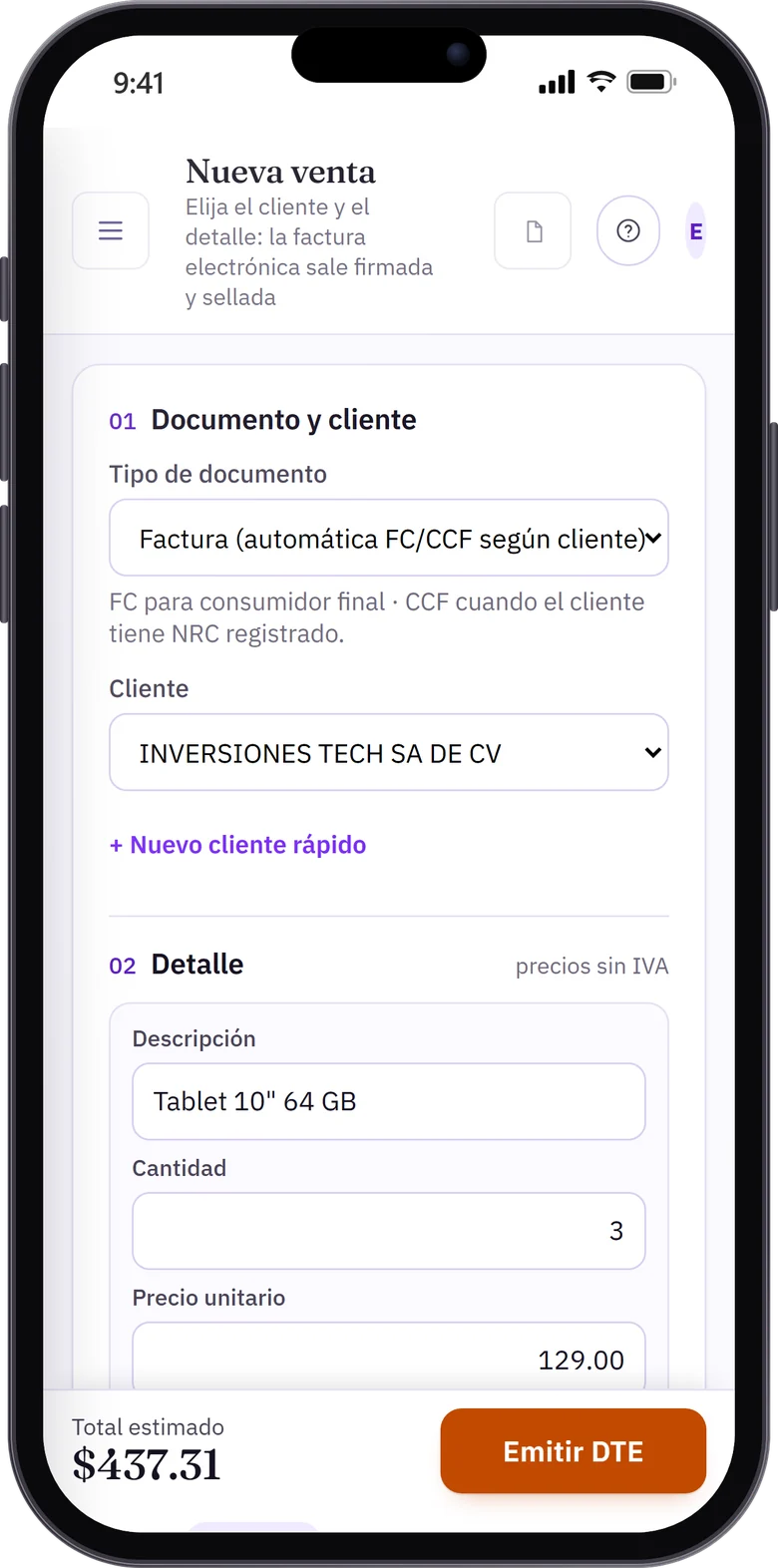 Pantalla de nueva venta en el celular
