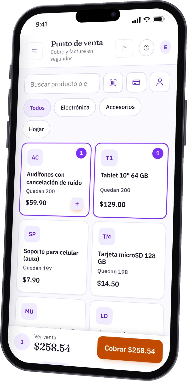 Punto de venta de TuMarketSV en el celular, con productos en la venta y el botón Cobrar