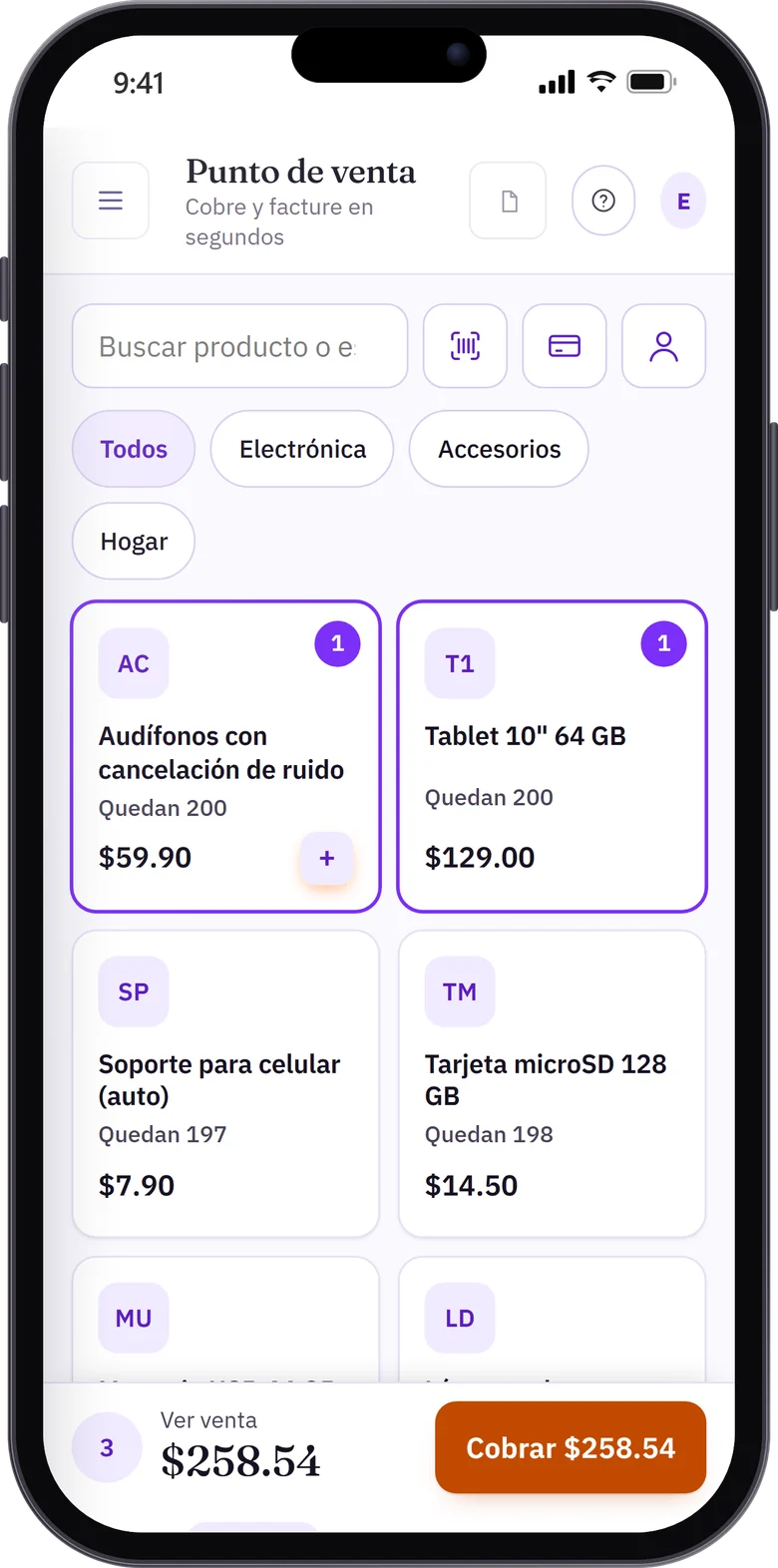 Punto de venta en el celular con productos en la venta